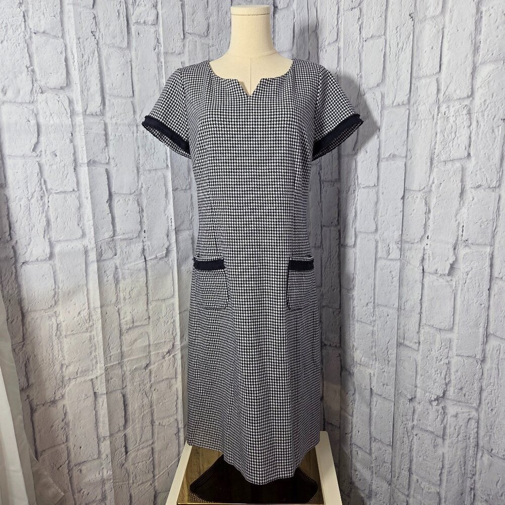 Talbots Size 10 Navy Blue Houndstooth Short Sleeve Midi Shift Dress